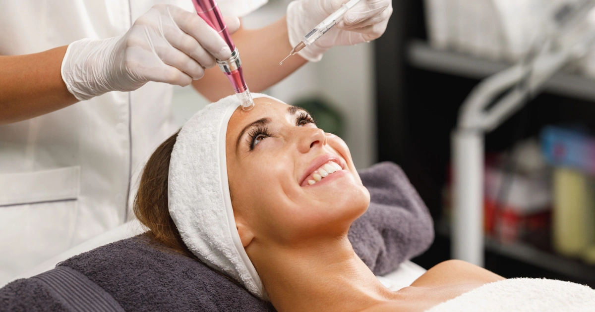 Woman smiling while receiving a SkinPen Microneedling treatment on her forehead in Houston, TX.
